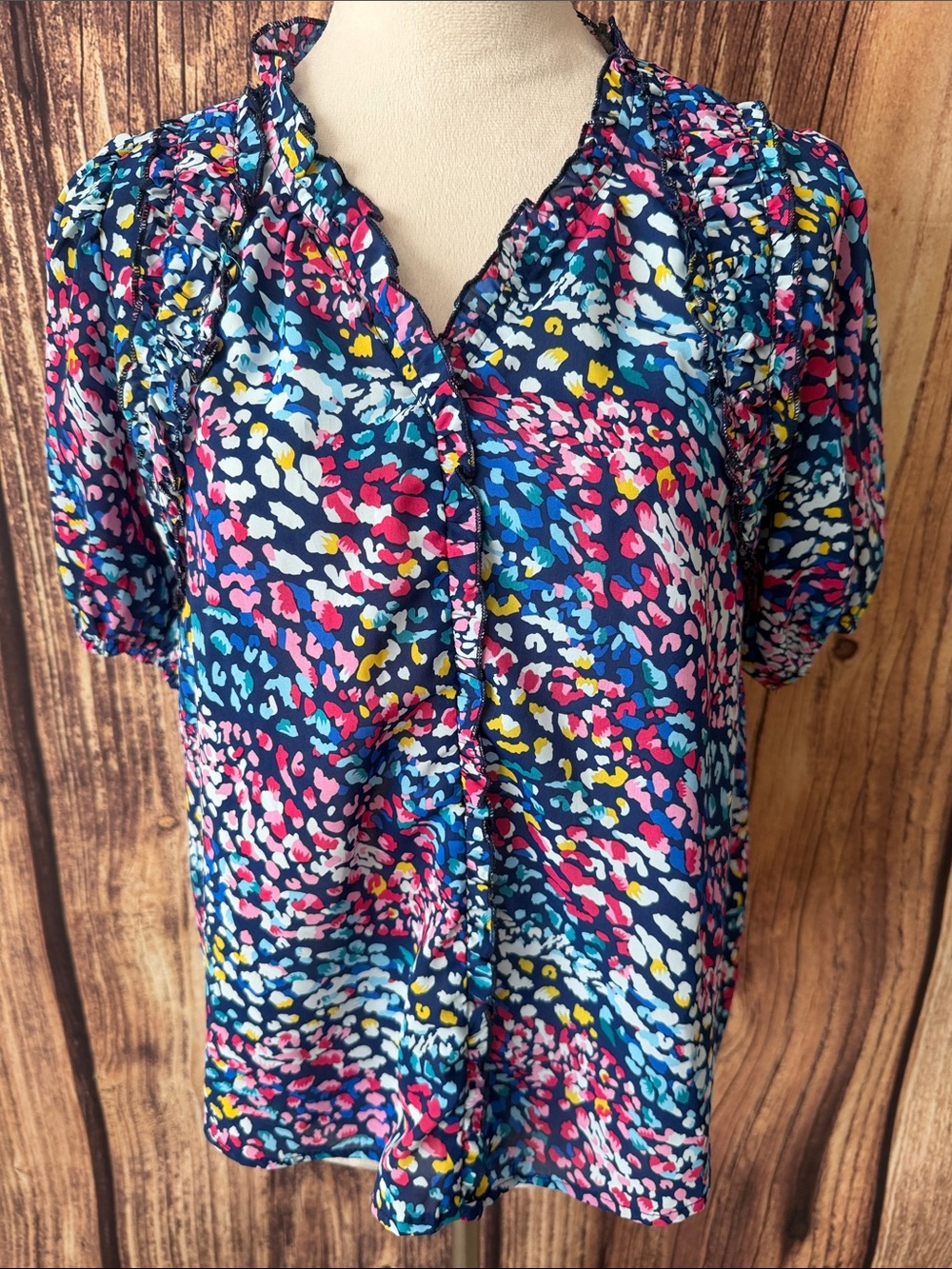 Umgee Navy Multicolor Ruffle V-Neck Printed Blouse
